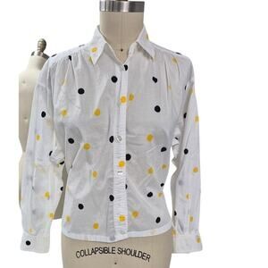 80s Vtg LizSport White Cotton Blouse Black/Yellow Polka Dots Secretary